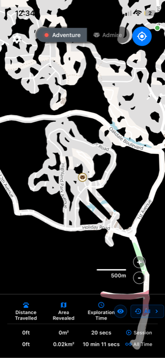 Fog of Dog map with explored streets revealed from under black fog