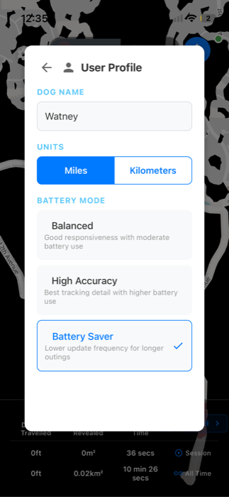 Settings screen showing dog name and battery modes
